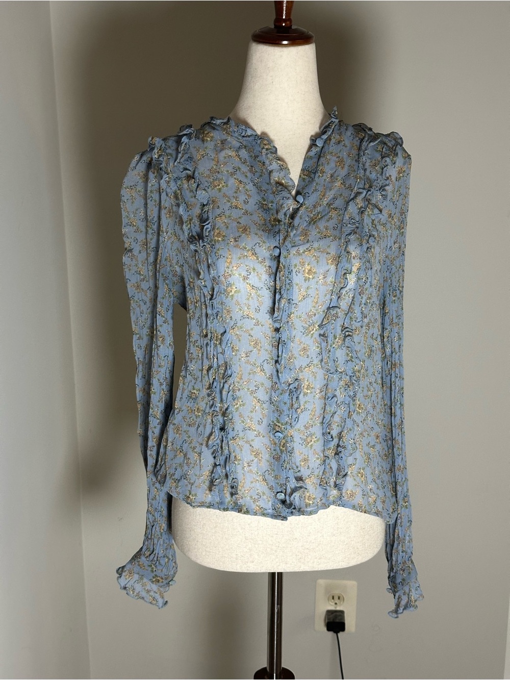 Sezane Sky Blue Floral Ruffled Button-Down Blouse